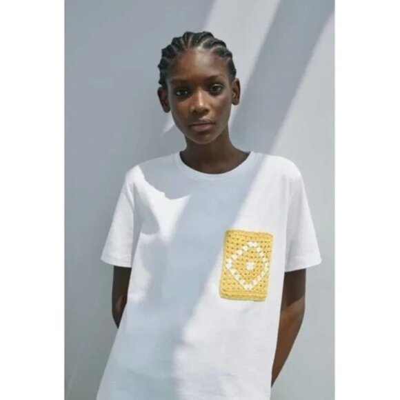 Zara White T-Shirt With Yellow Crochet Pocket Design - Picture 1 of 5